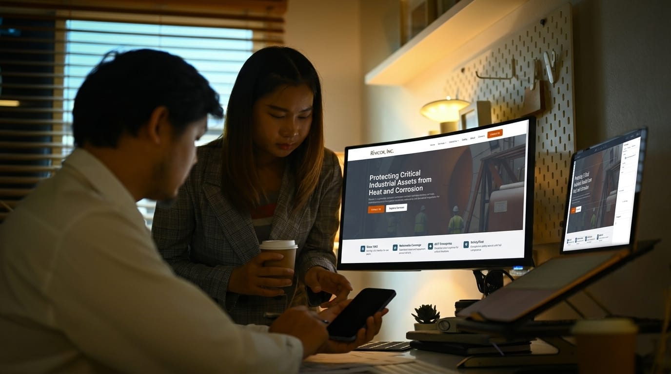 Two people working together at a desk with computer screens displaying a website.