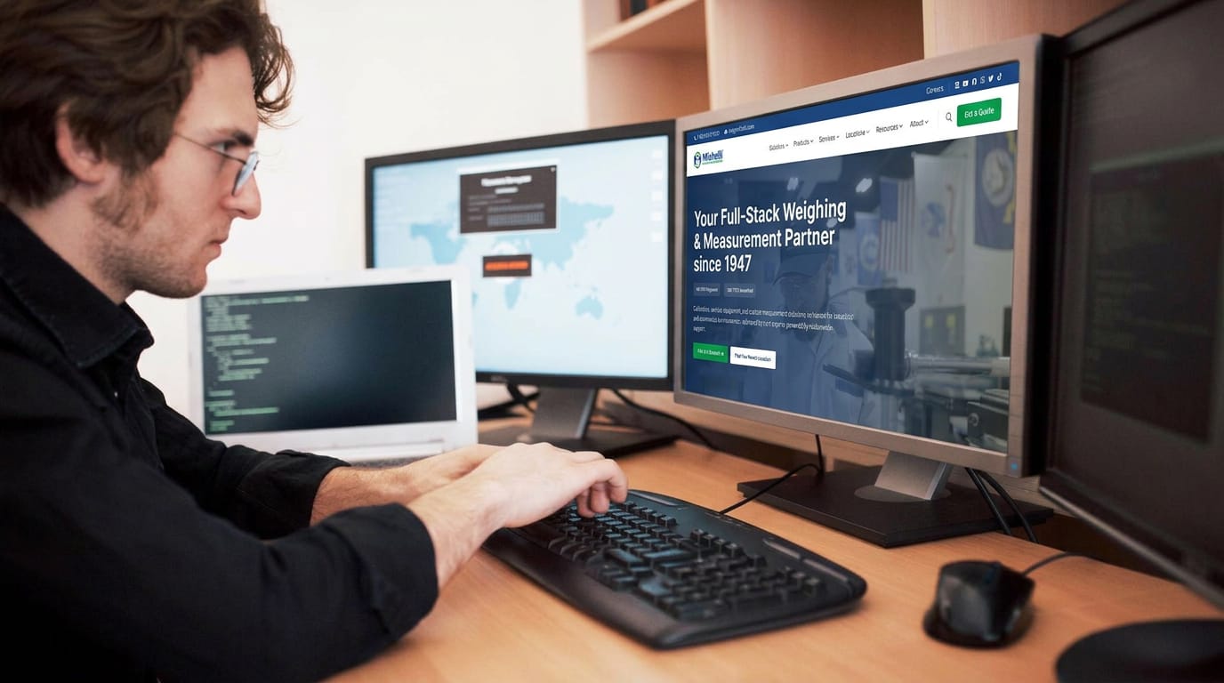 Man at a desk typing on a keyboard with three monitors displaying different content