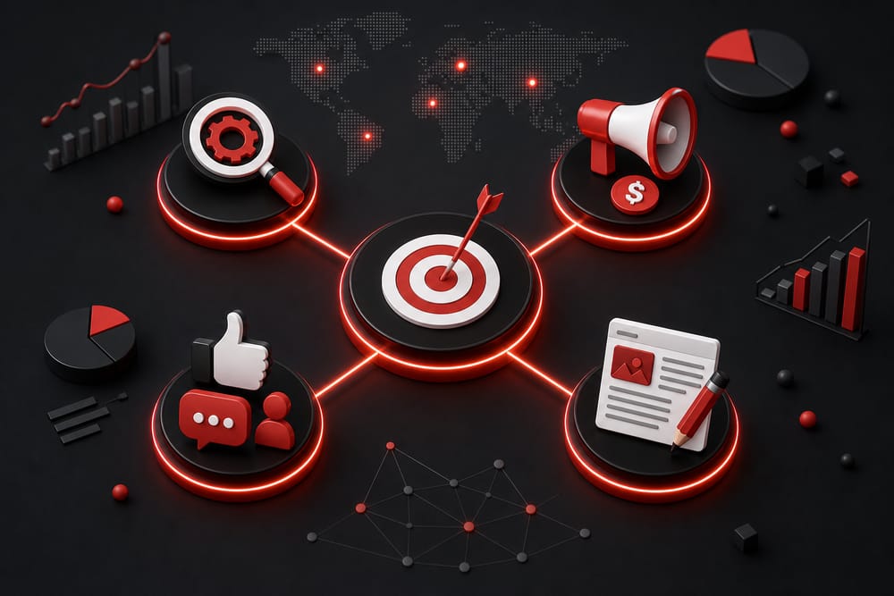 Interconnected digital marketing channels — SEO, PPC, social media, and content marketing