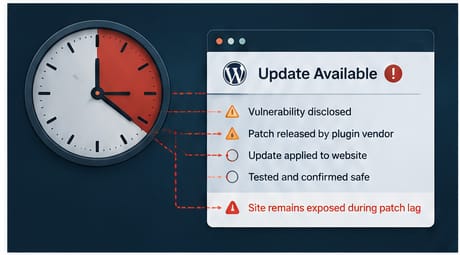 A patch lag timeline showing the gap between vulnerability discovery, patch release, website update, and testing.