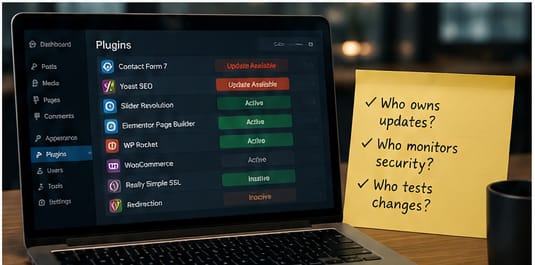 A website admin screen with a checklist asking who owns updates, who monitors security, and who tests changes.