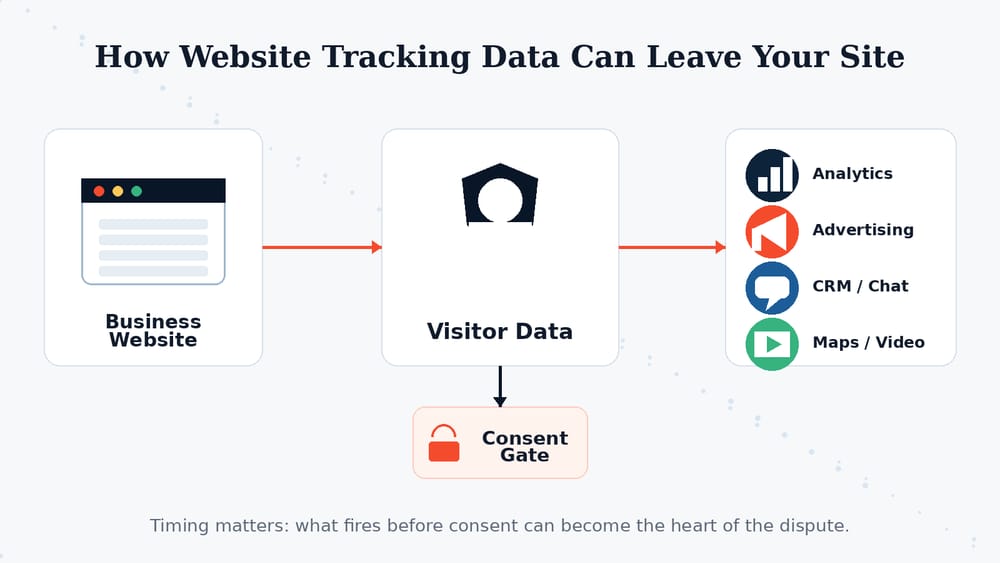 Diagram showing a website loading third-party scripts for analytics, advertising, CRM, chat, and embeds before visitor consent