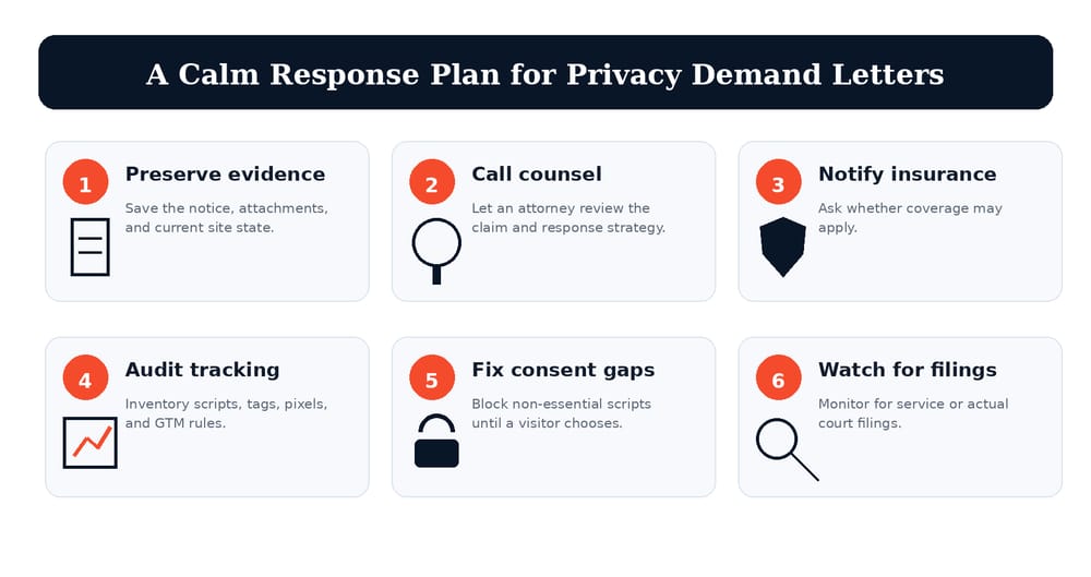 Checklist for responding to a website privacy demand letter including attorney review, insurance notice, evidence preservation, and tracking audit