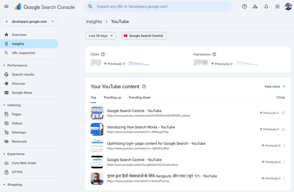 Screenshot showing social profile data from YouTube, TikTok, and Instagram appearing inside Google Search Console Insights