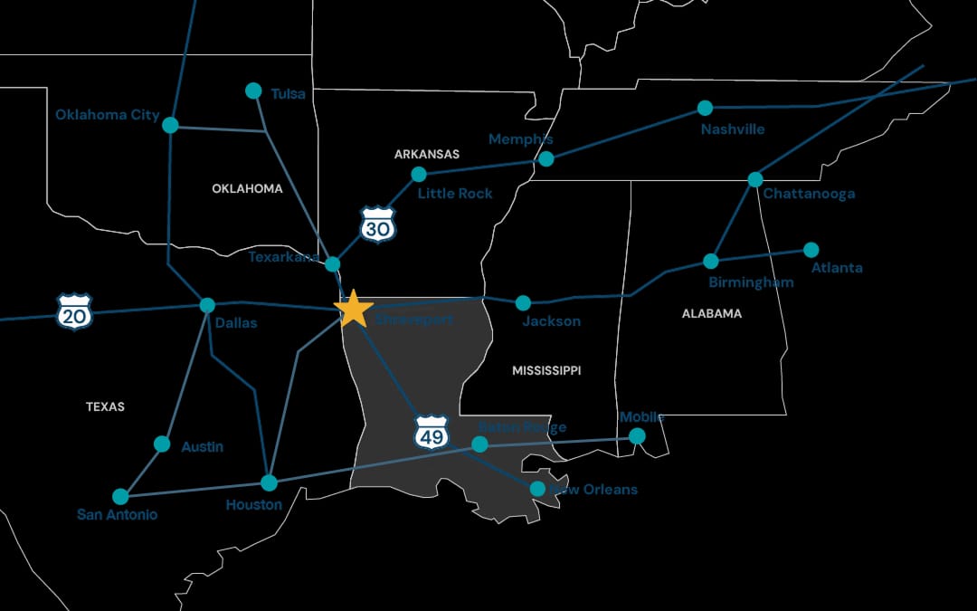 Regional map showing Shreveport connectivity