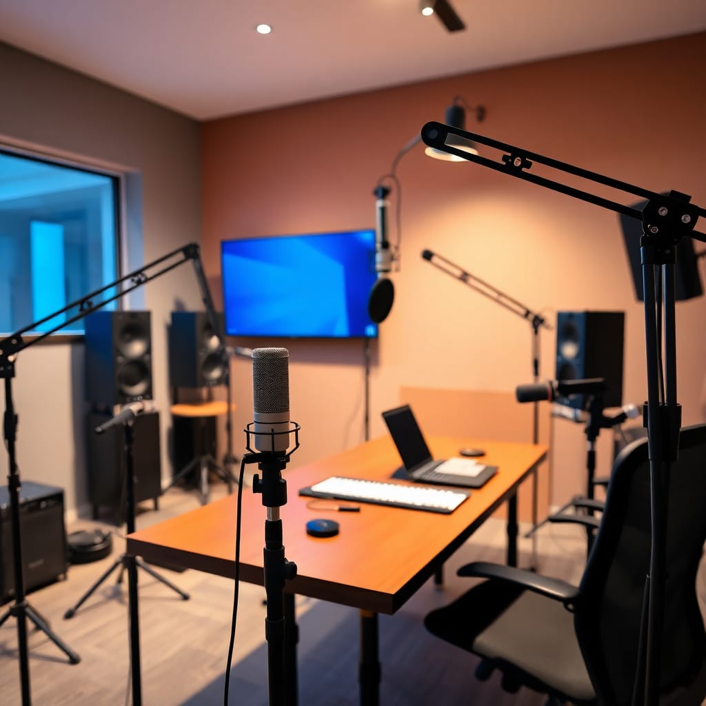 Professional podcast studio setup with microphones and recording equipment