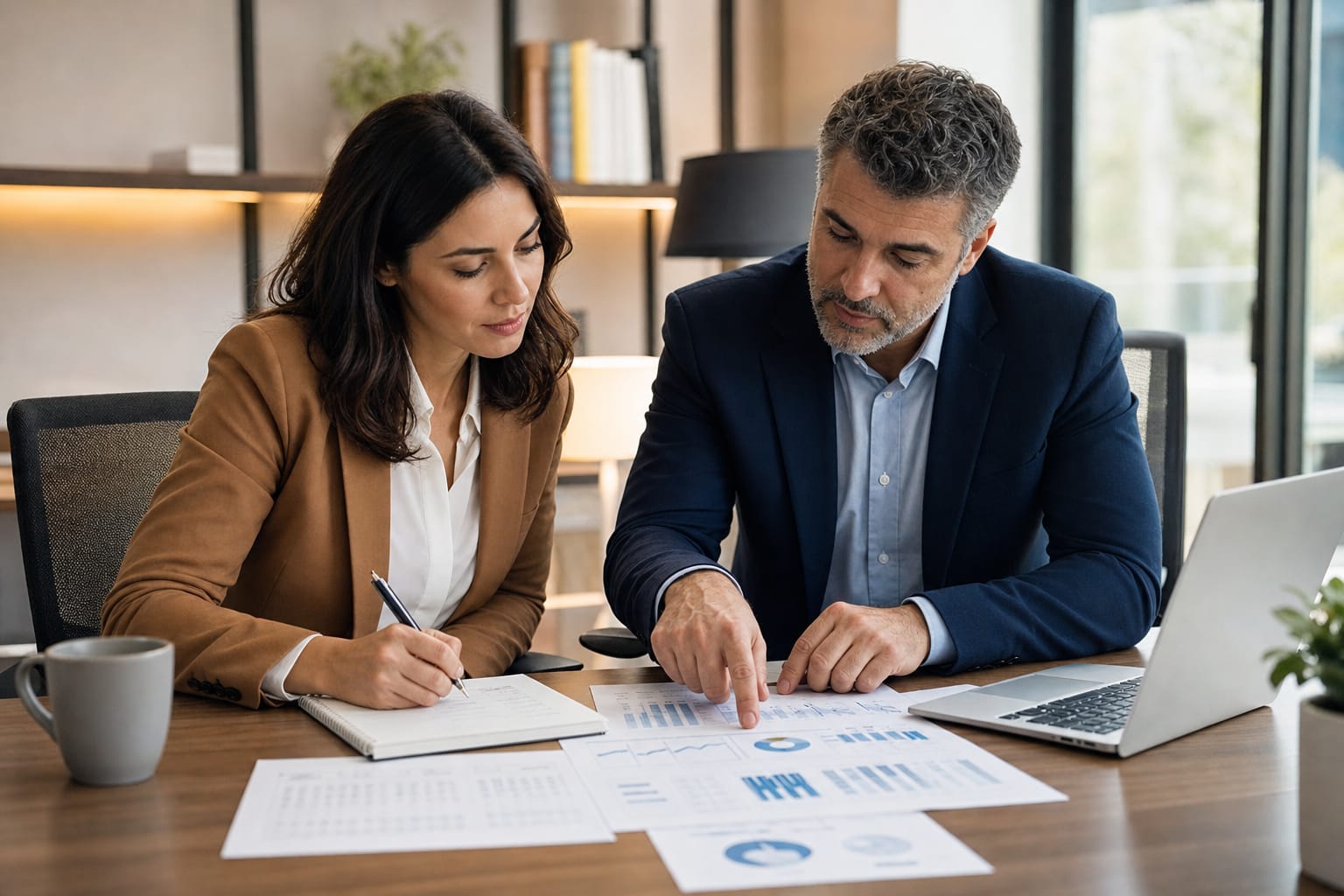 Two business professionals reviewing financial charts and spreadsheets at a desk.
