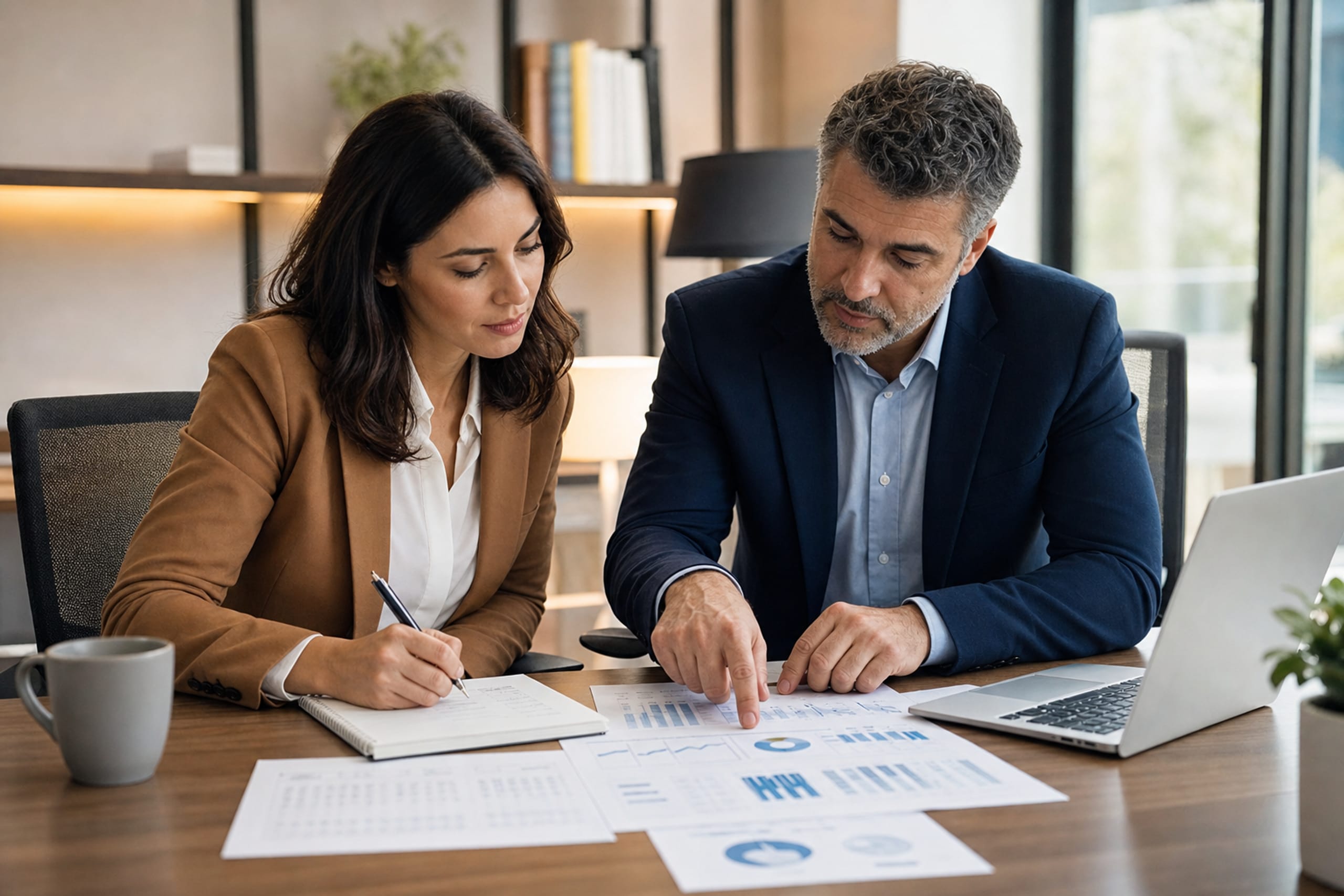 Two business professionals reviewing financial charts and spreadsheets at a desk.