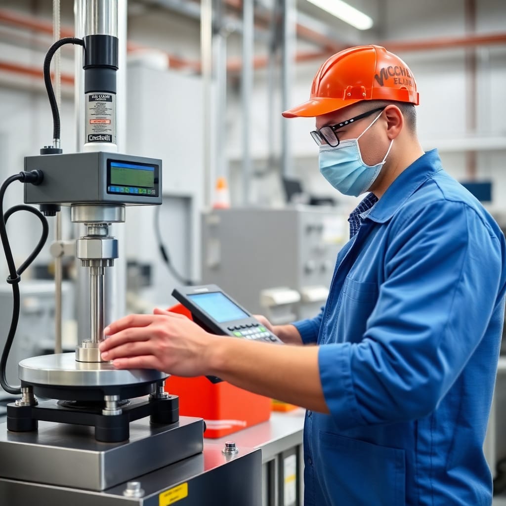 Michelli technician performing precision calibration service on industrial weighing equipment