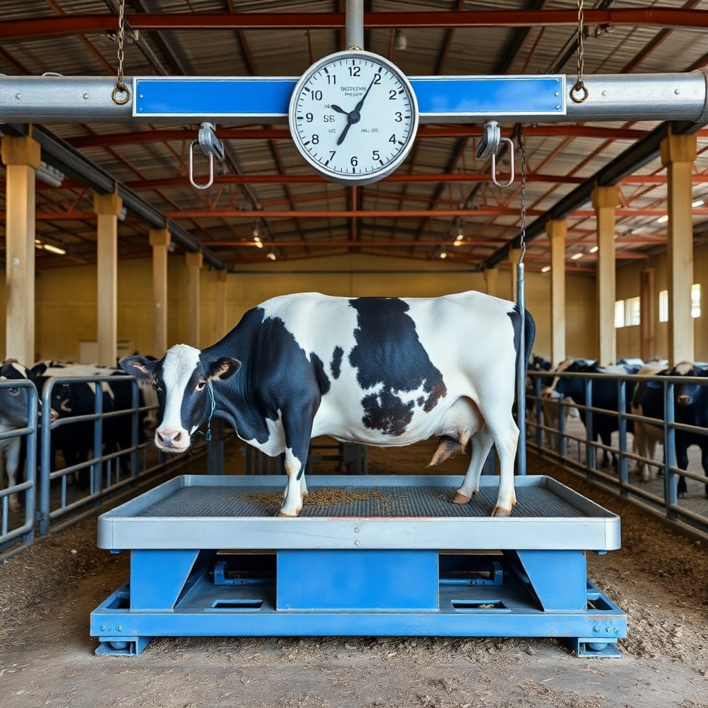 Livestock scale in agricultural facility for cattle weighing