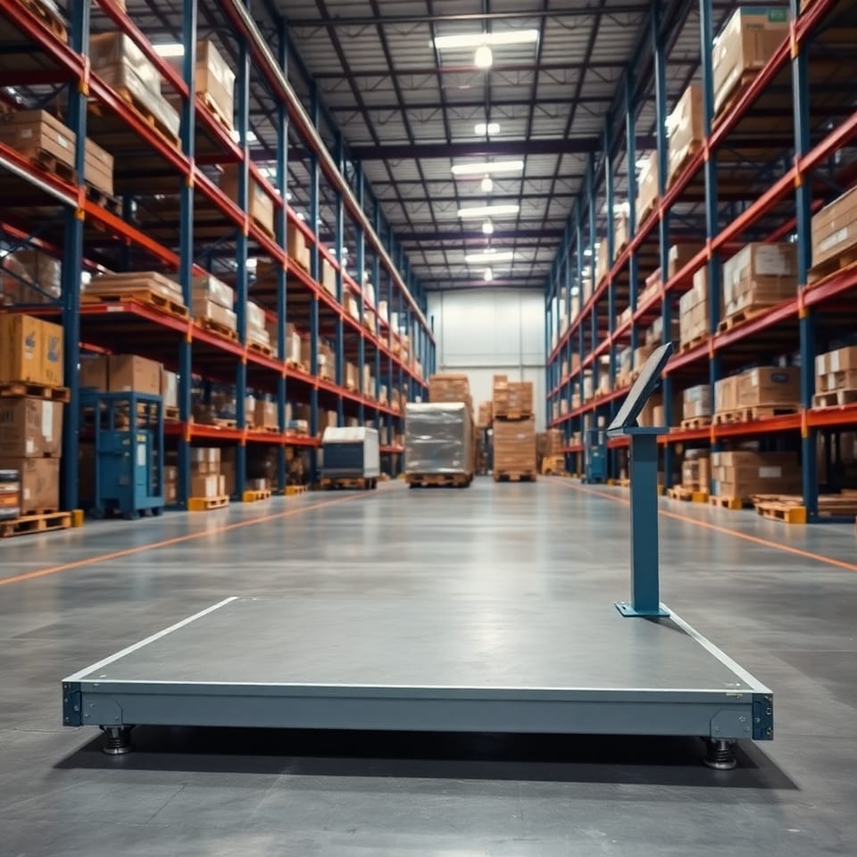 A large metal weighing scale in a spacious warehouse aisle with stacked goods