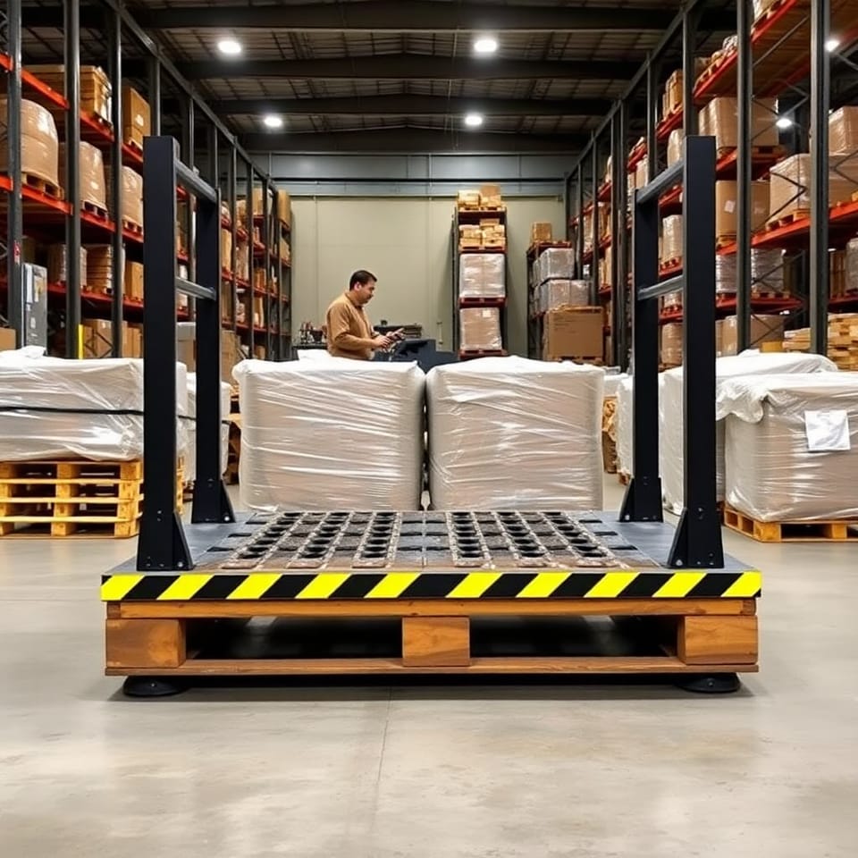 Industrial pallet scale with fork pockets in warehouse environment
