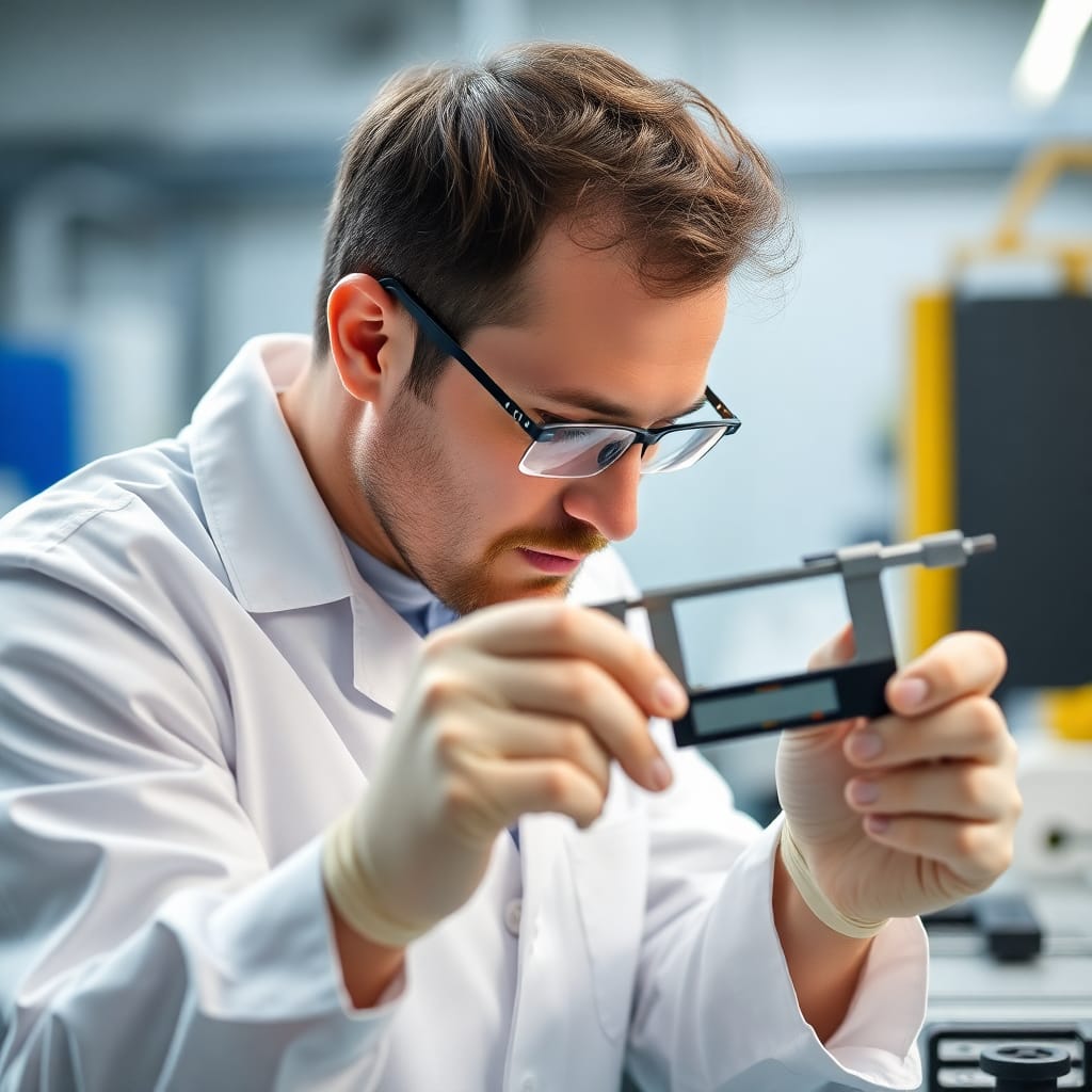 Precision measurement specialist technician using calipers micrometer in quality control laboratory