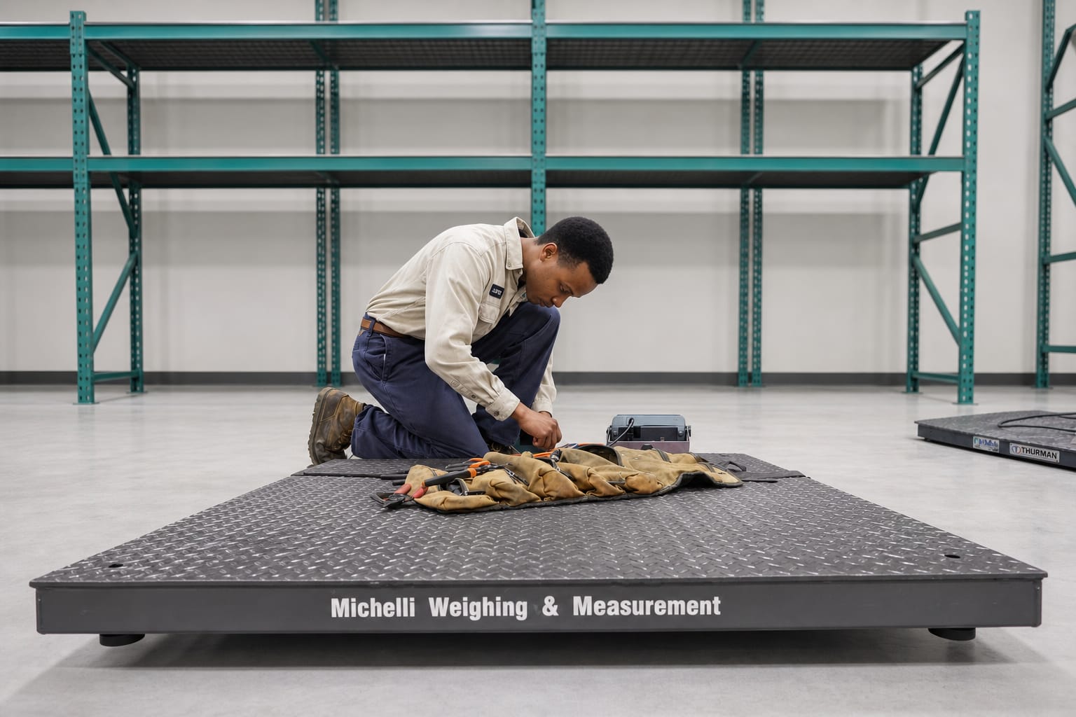 Michelli repair technician working on scale equipment