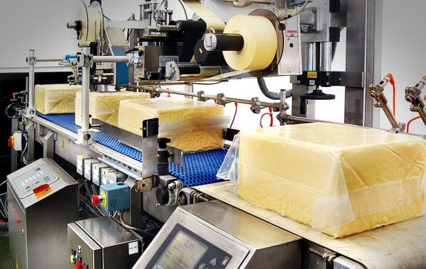 Cheese packaging machine on a conveyor belt in a manufacturing and distribution facility