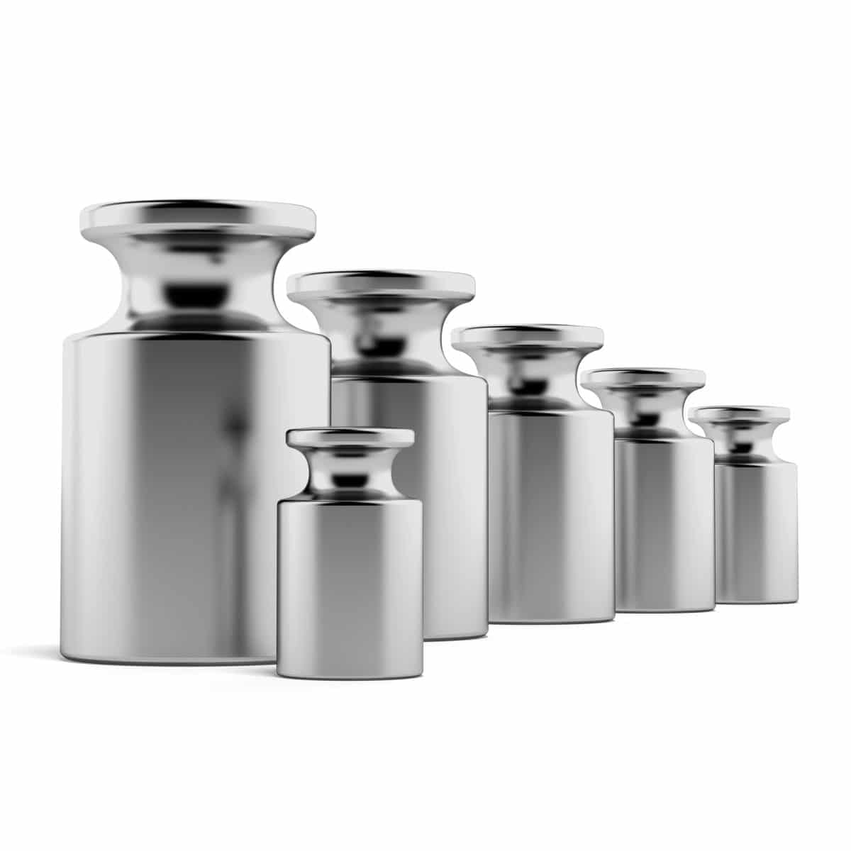 Certified test weights arranged on a surface for Michelli mass calibration service