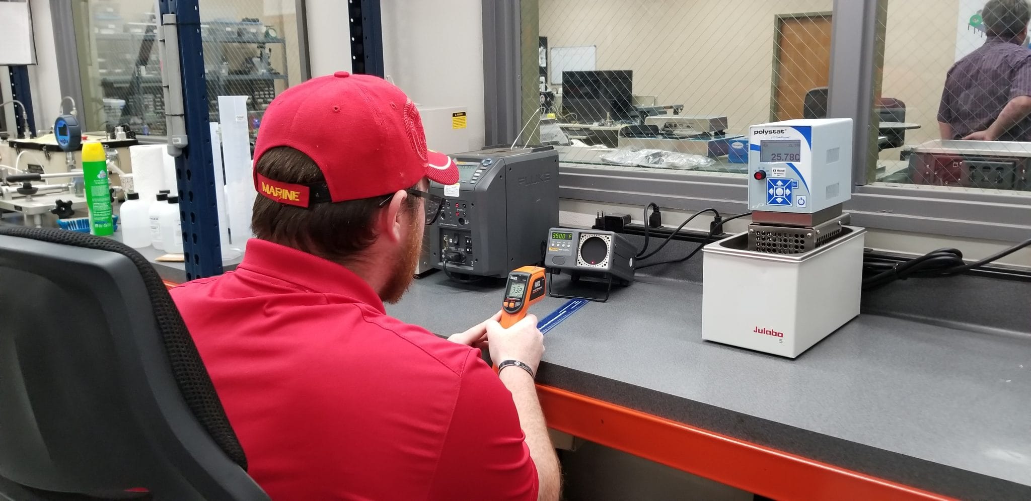 Michelli temperature calibration laboratory setup with dry block calibrators, probes, and reference standards