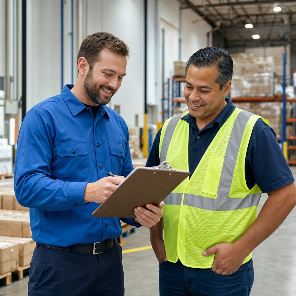 Scale technician and warehouse manager reviewing service documentation together inside a distribution facility