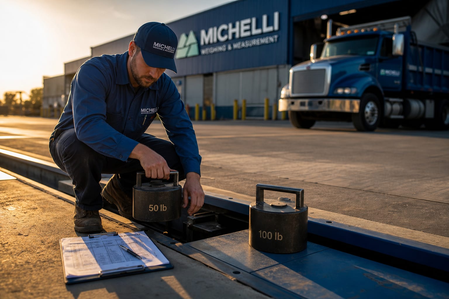 Michelli technician calibrating a truck scale at an industrial facility