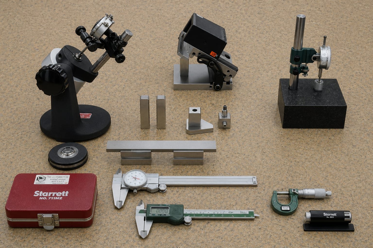 Various precision measurement devices arranged on a workbench in a workshop setting