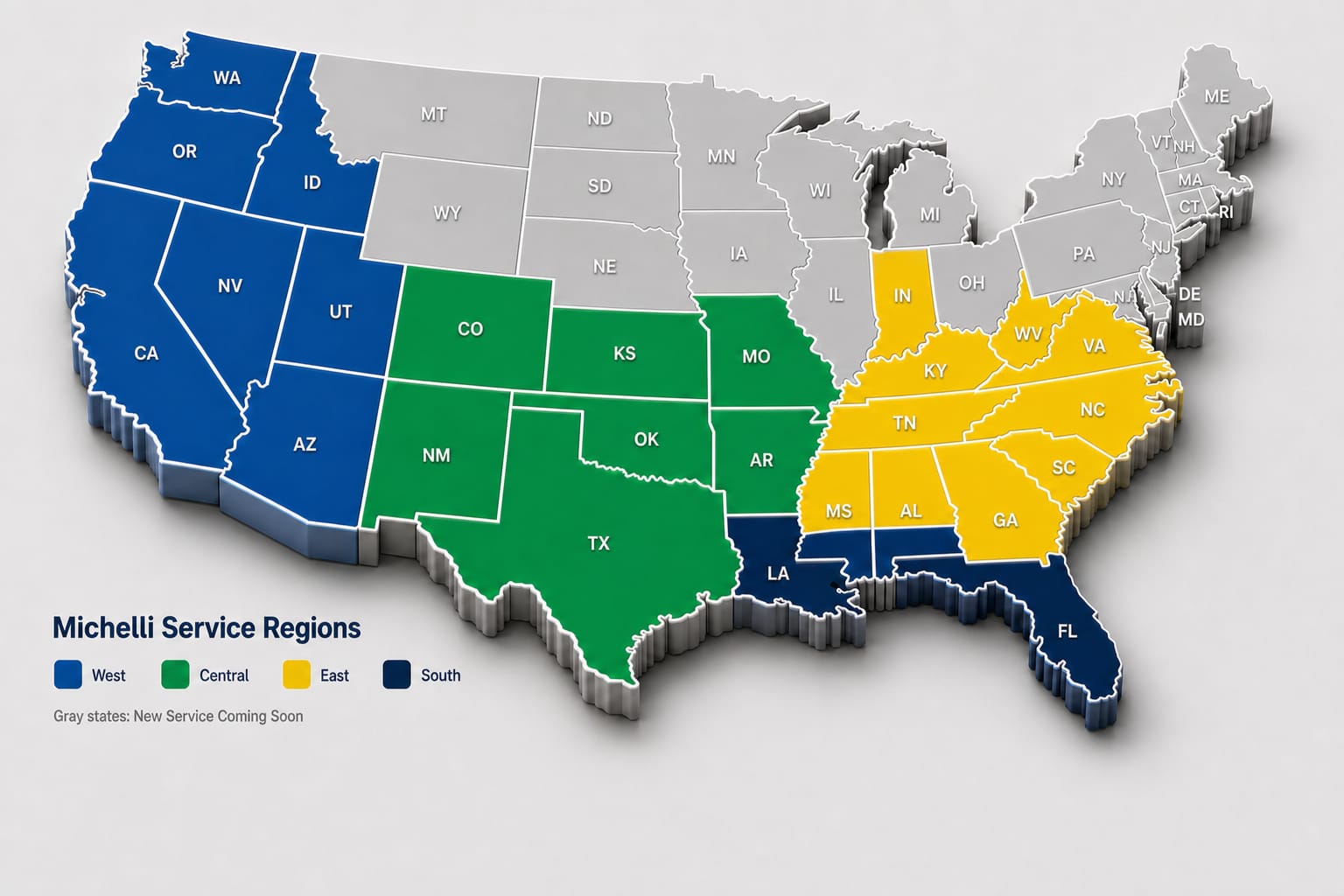 Map showing Michelli service regions across the United States
