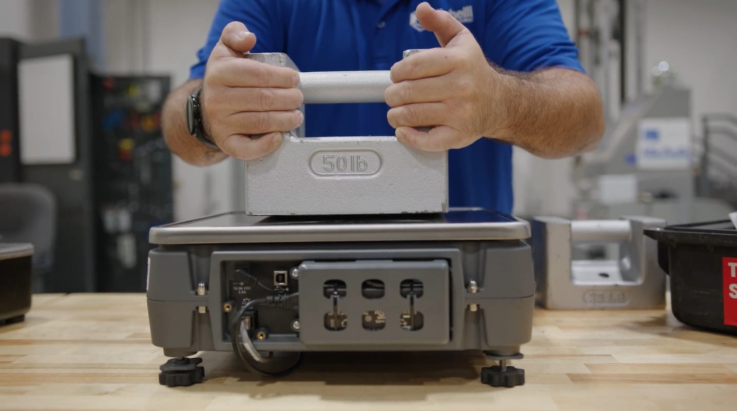 Hands placing a 50-pound weight on a digital scale.