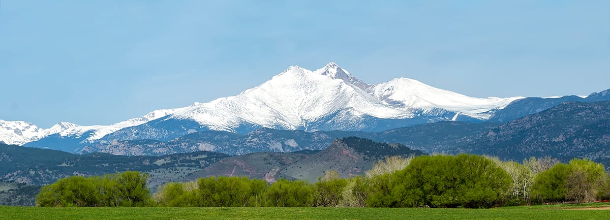 Longmont, Colorado with the Rocky Mountain Front Range visible in the background on a clear day