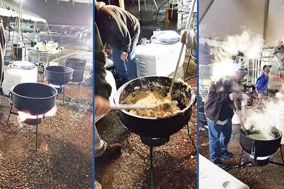 Chef John Folse's team works to prepare the roux for the world's largest pot of gumbo