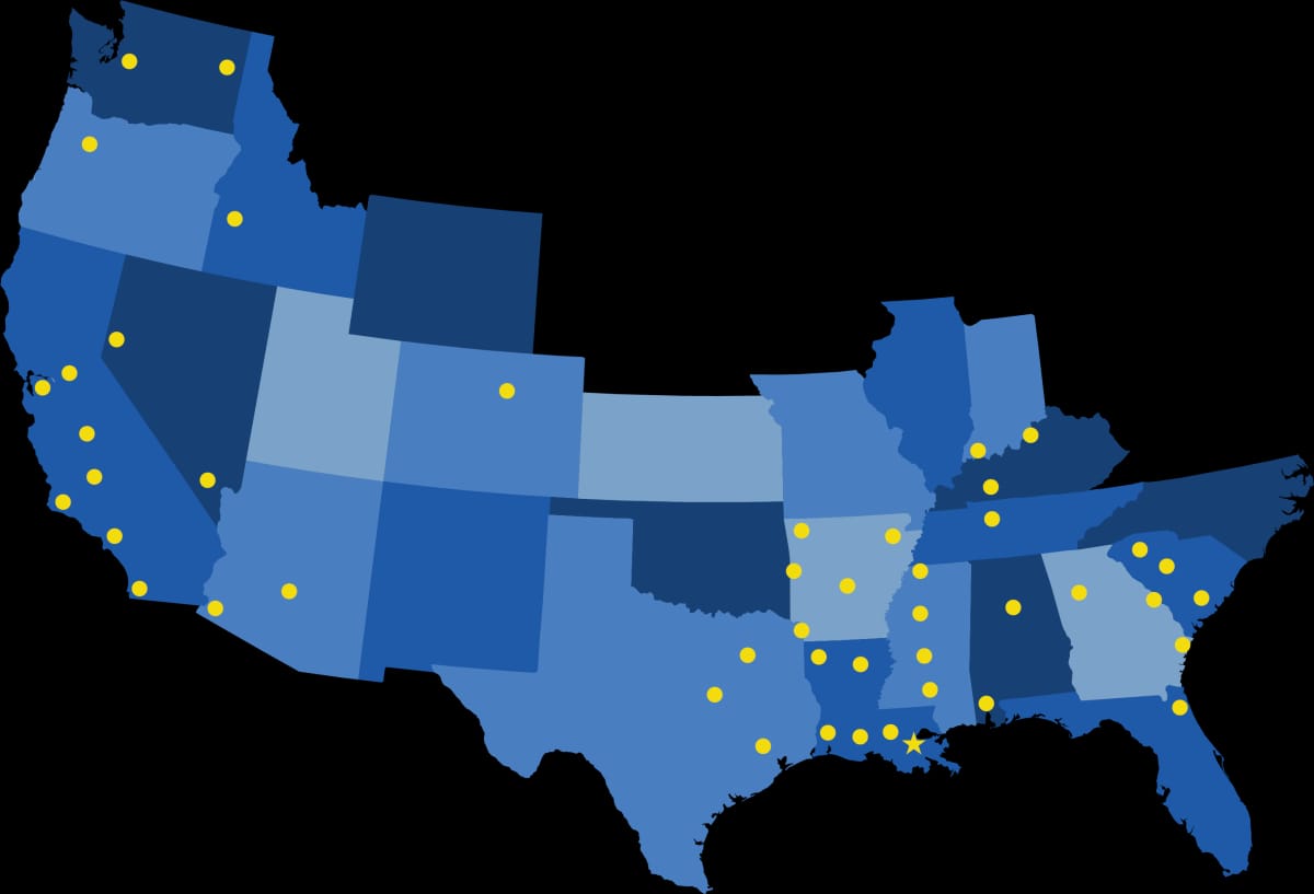 Map showing Michelli Weighing & Measurement service locations across the United States as of February 2026