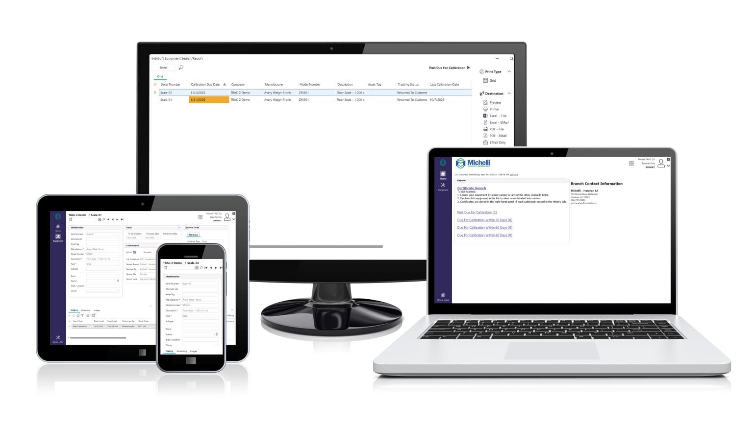 TRAC by Michelli asset management dashboard shown on desktop, tablet, and mobile screens displaying calibration schedules and service records