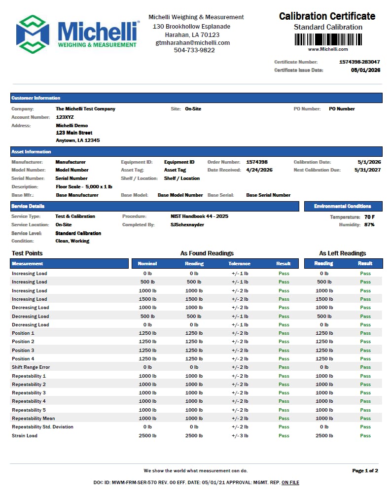 Michelli Weighing & Measurement standard calibration certificate showing equipment details, test results, and traceability information