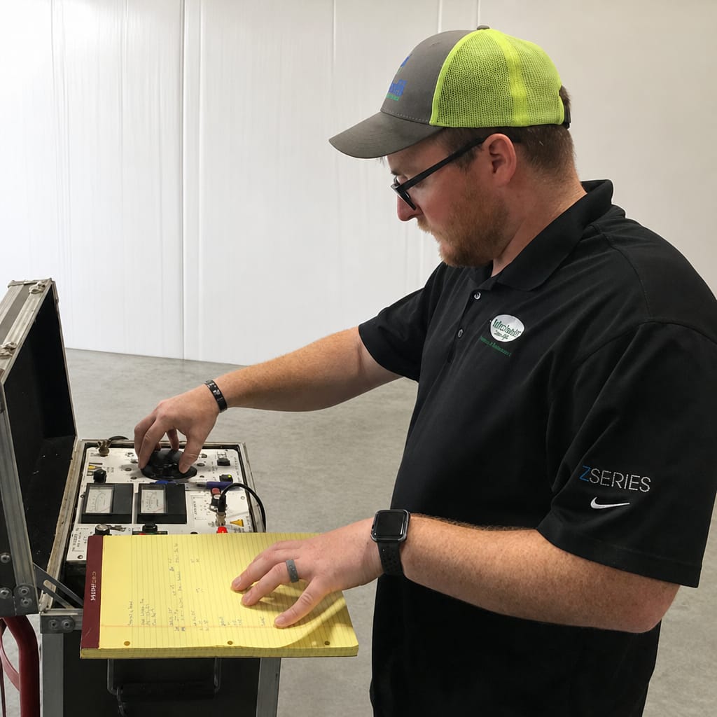 Technician operating electrical calibration equipment