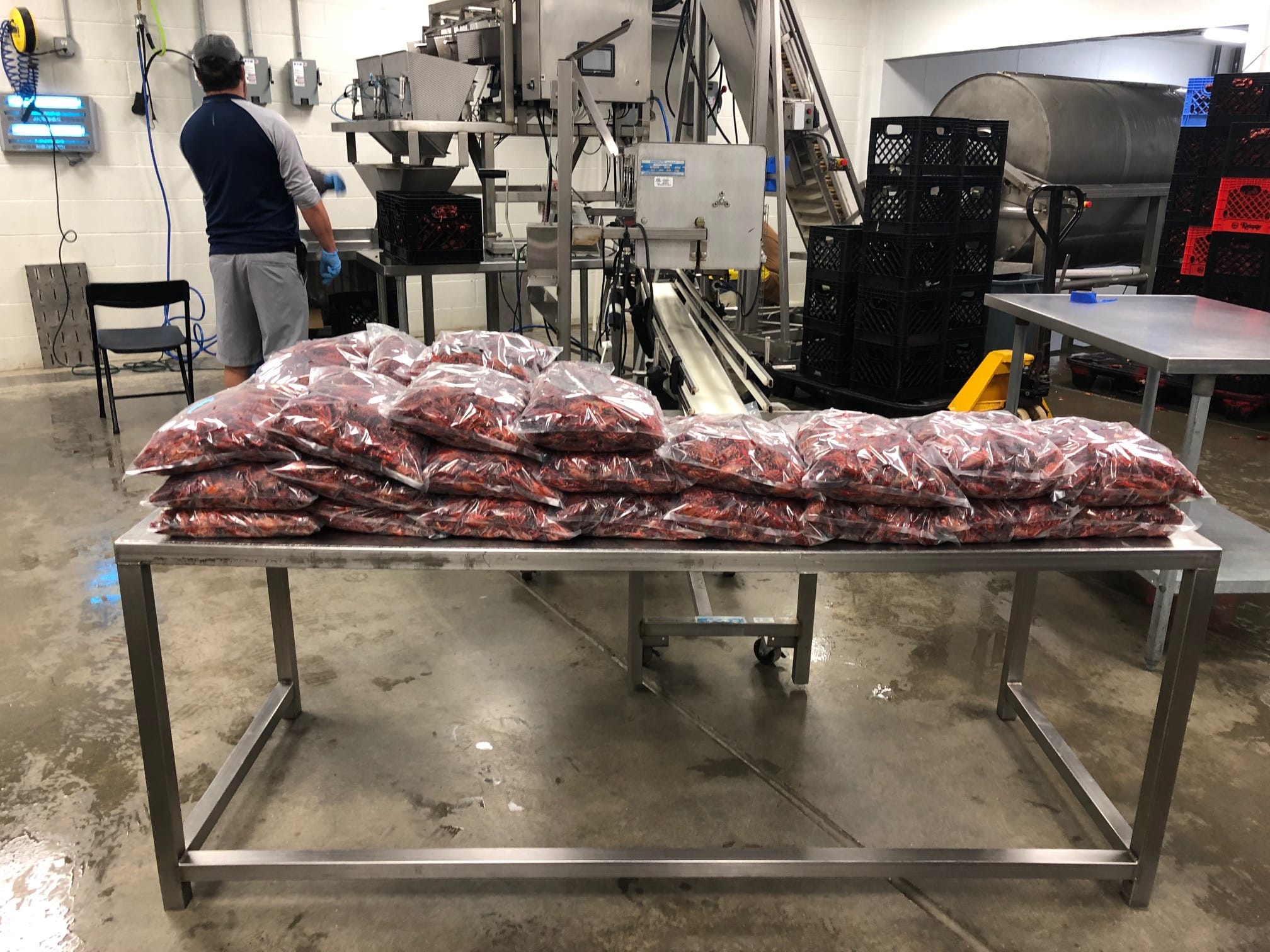 Plastic bags filled with crawfish stacked on a metal table in a food processing facility