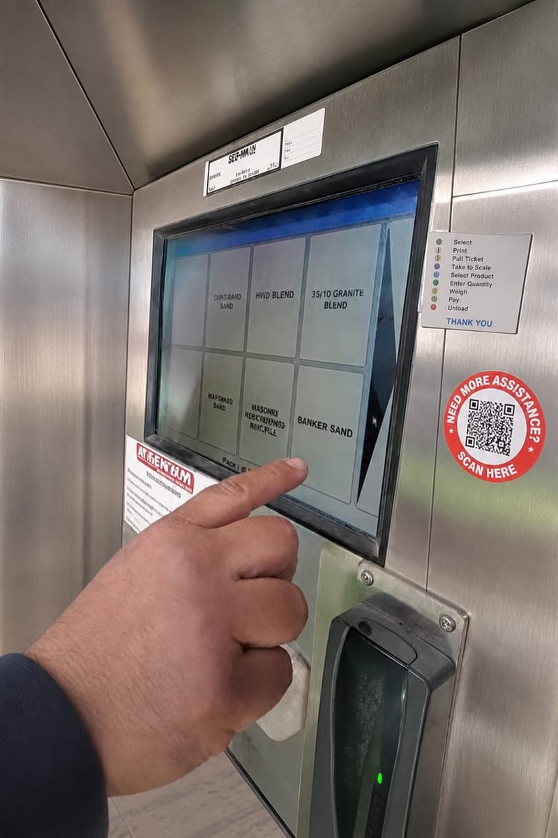 Person selecting sand blend options on a self-service kiosk touchscreen at a truck scale