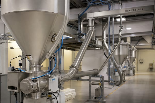 Stainless steel hoppers and pneumatic transfer pipes inside a bulk food ingredient receiving facility