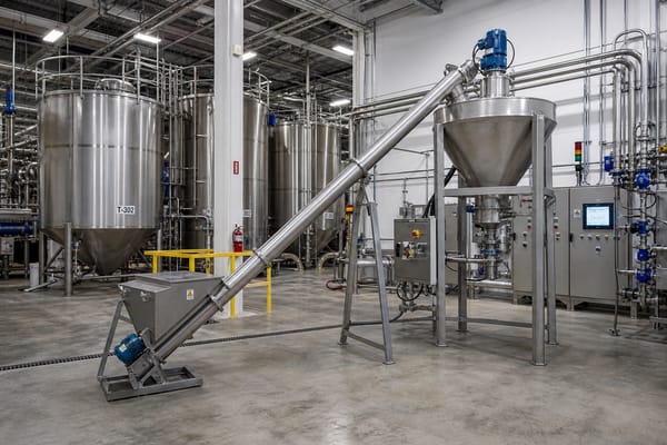 Large stainless steel tanks and bulk transfer augers inside a chemical and industrial materials processing facility