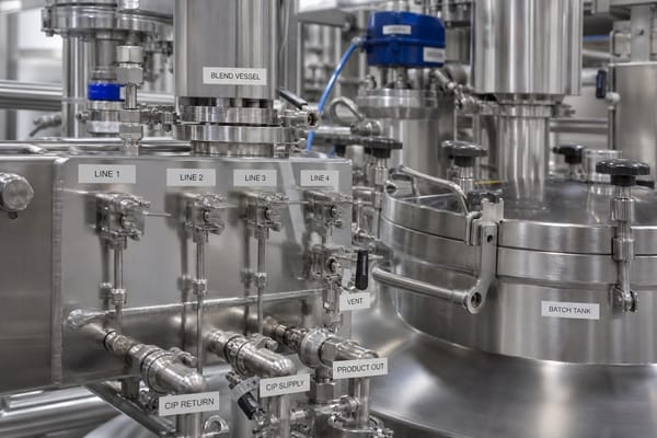 Stainless steel mixing vessels and precision valves on an industrial blending production floor