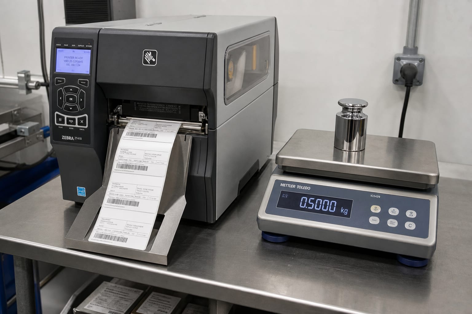 Industrial label printer mounted next to a precision bench scale on a stainless steel workstation with printed labels on the output tray