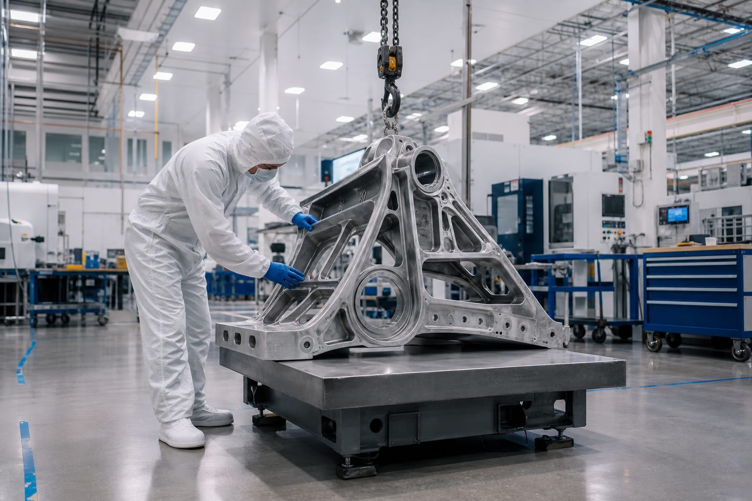 Crane and pulley holding aerospace component for weighing during production