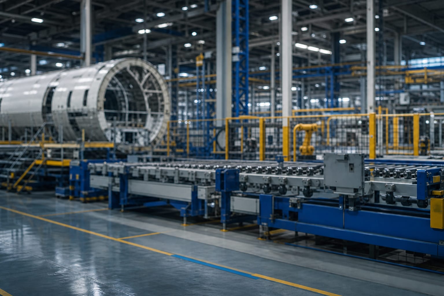 Industrial HMI monitor displaying weight measurement and conveyor scale data on an aerospace factory floor