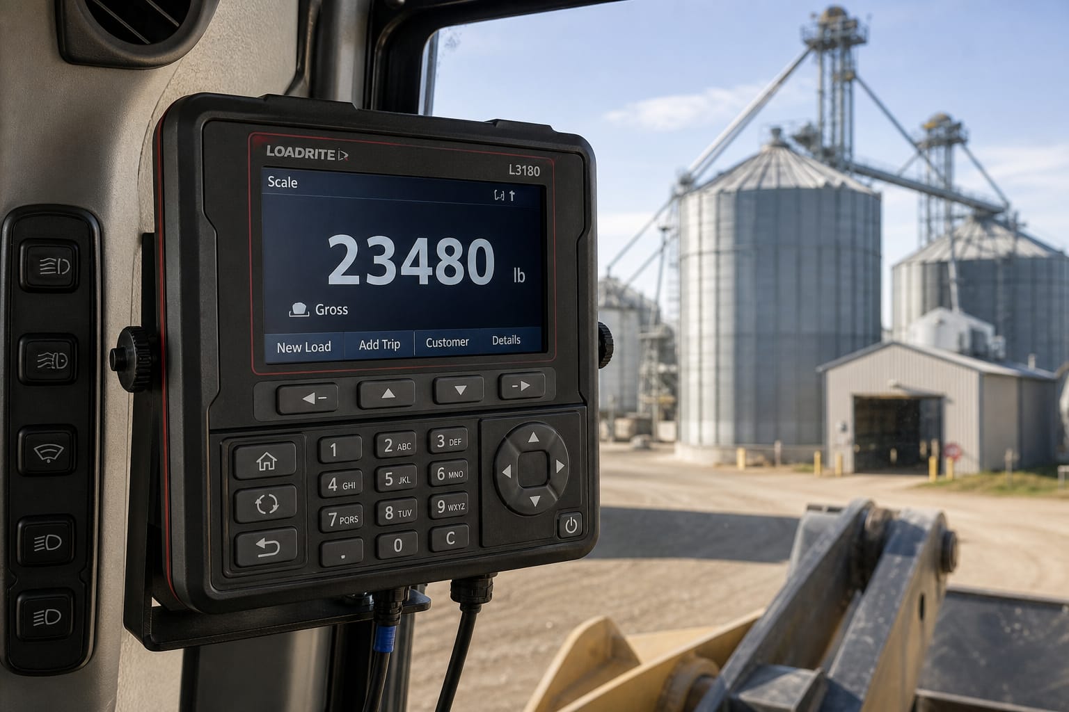 On-board weight indicator inside agricultural loading equipment with grain elevator and bulk handling structure visible in the background
