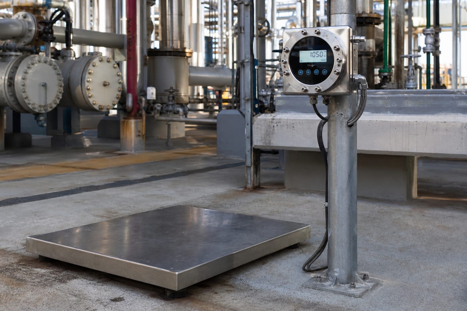 Industrial floor scale with explosion-proof stainless steel indicator enclosure on a conduit pole in a petrochemical plant with pipe racks and pressure vessels in the background