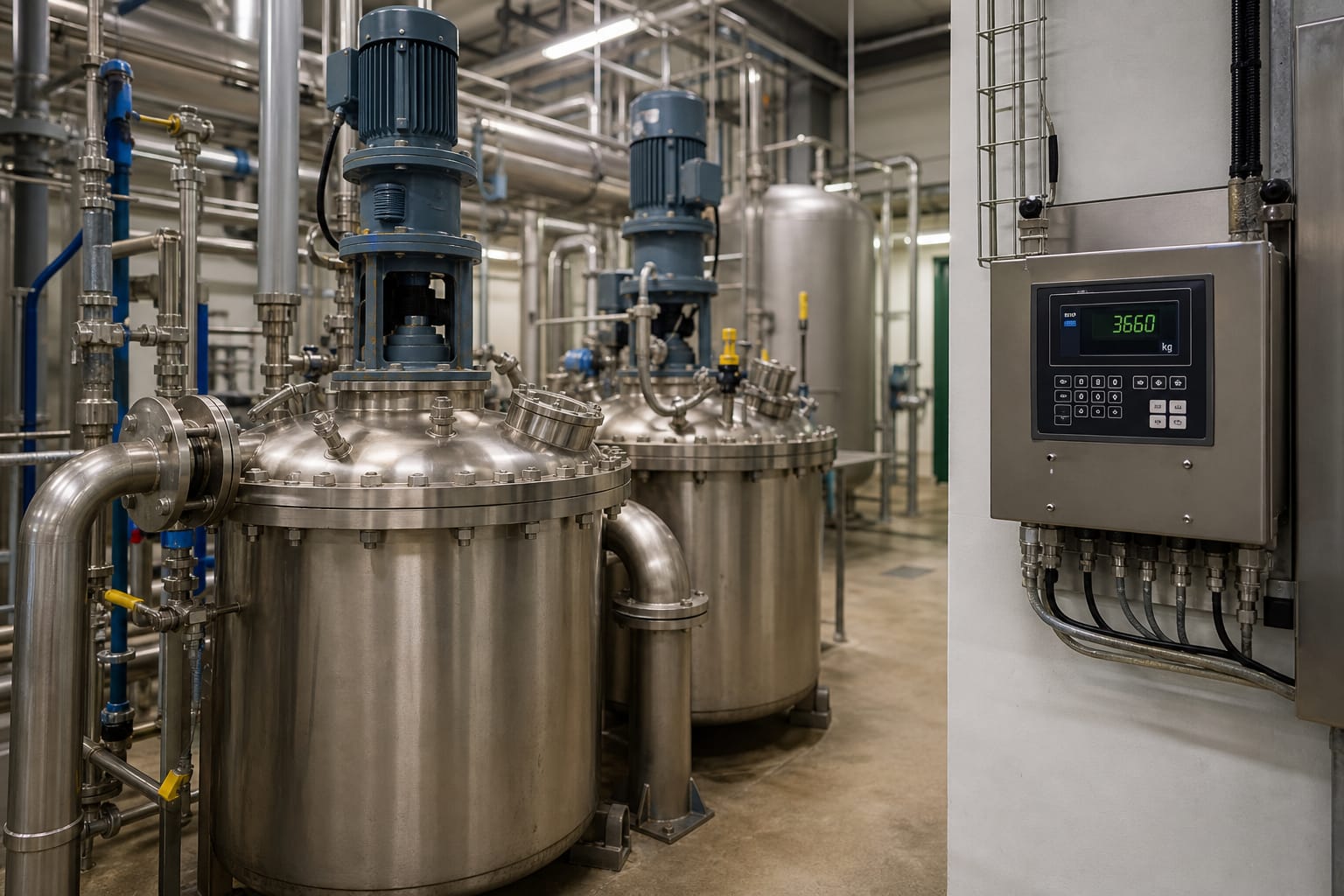 Stainless steel reactor mixing vessels with agitator motors and a digital batch weight controller in a chemical processing facility