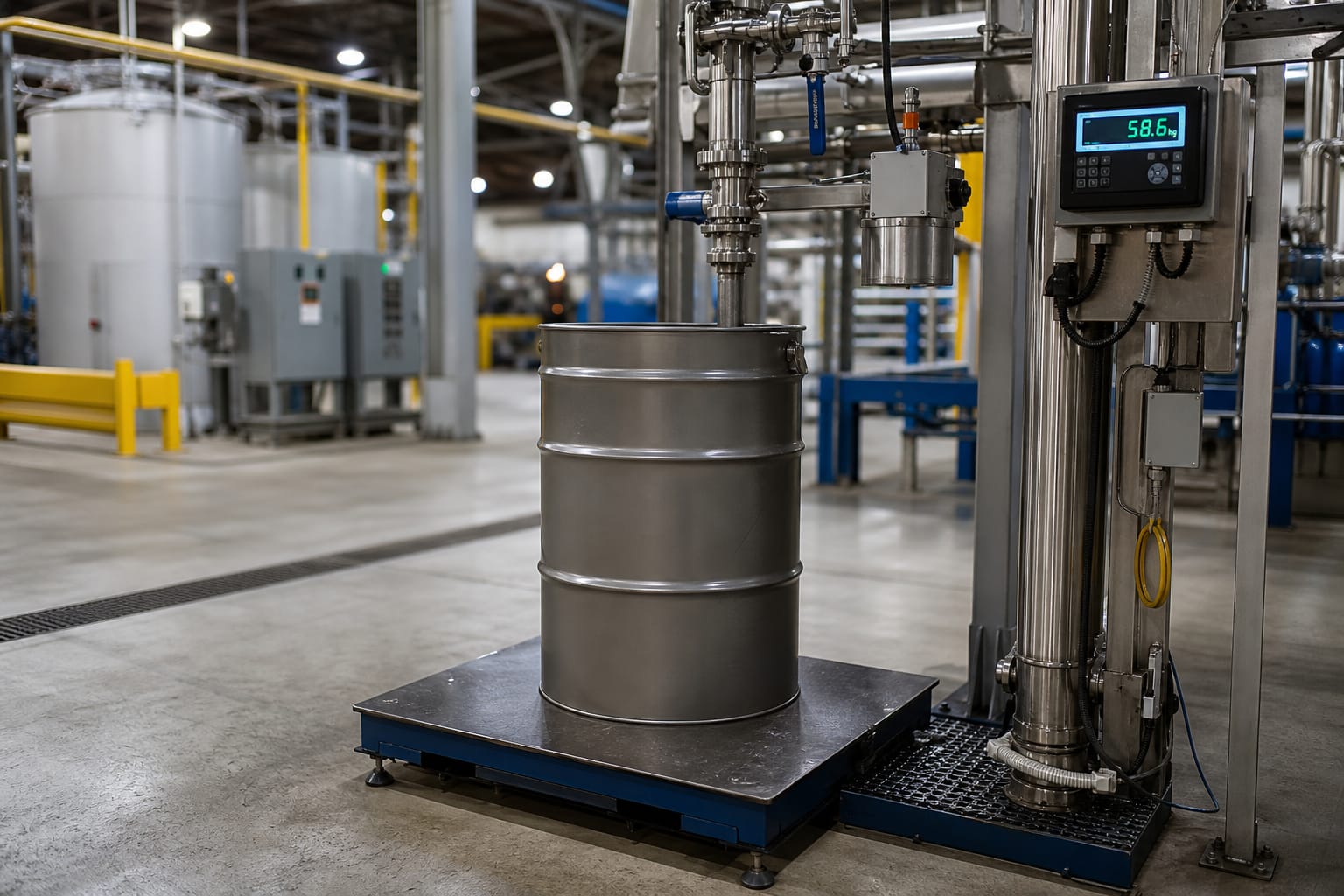 Steel drum on a floor scale beneath an automated fill nozzle and valve assembly with a digital weight indicator panel at an industrial energy facility
