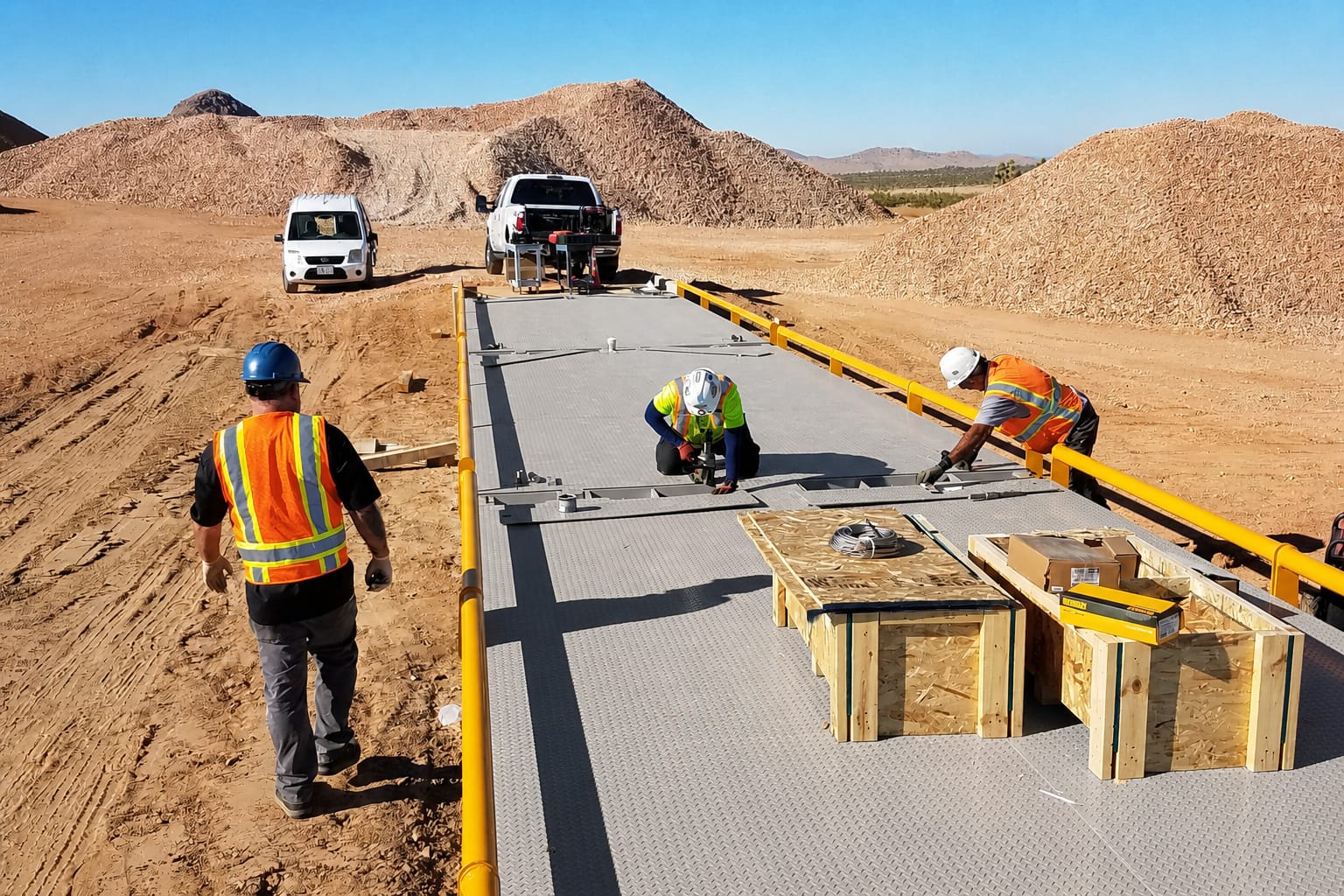 Construction workers assembling a blue industrial structure in a desert area