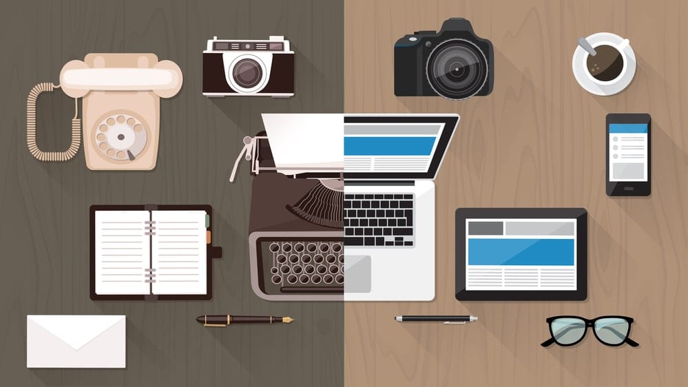 Drawing of vintage technology next to modern technology