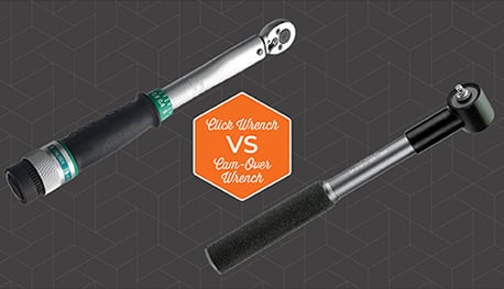 A click wrench and a cam-over wrench displayed side by side with a comparison label.