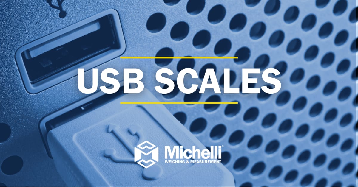 USB plug with the words 'USB Scales' and Michelli logo overlayed.