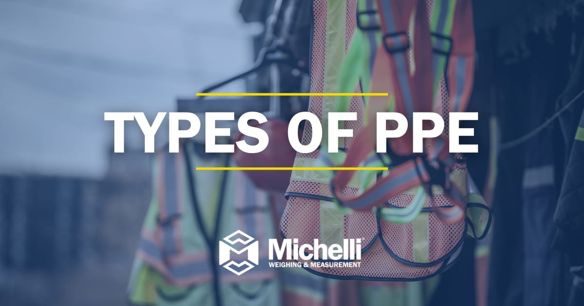Personal protective equipment including helmets and vests with text 'Types of PPE'.