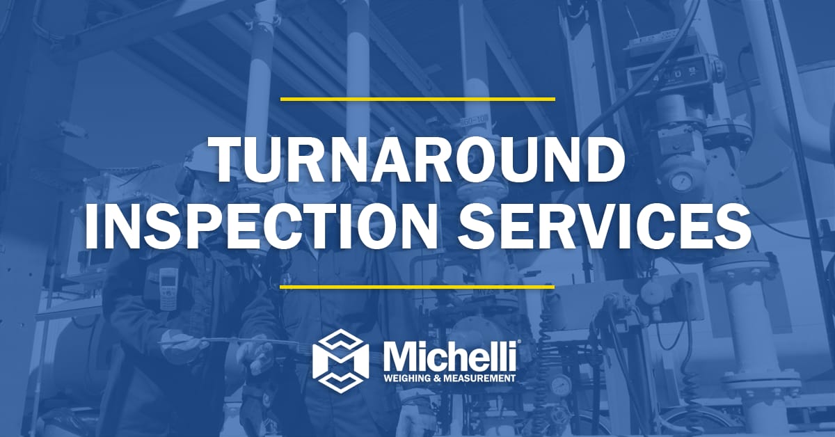 "Turnaround Inspection Services" with Michelli Weighing & Measurement logo displayed on top of a background image of an industrial plant wiht a blue overlay